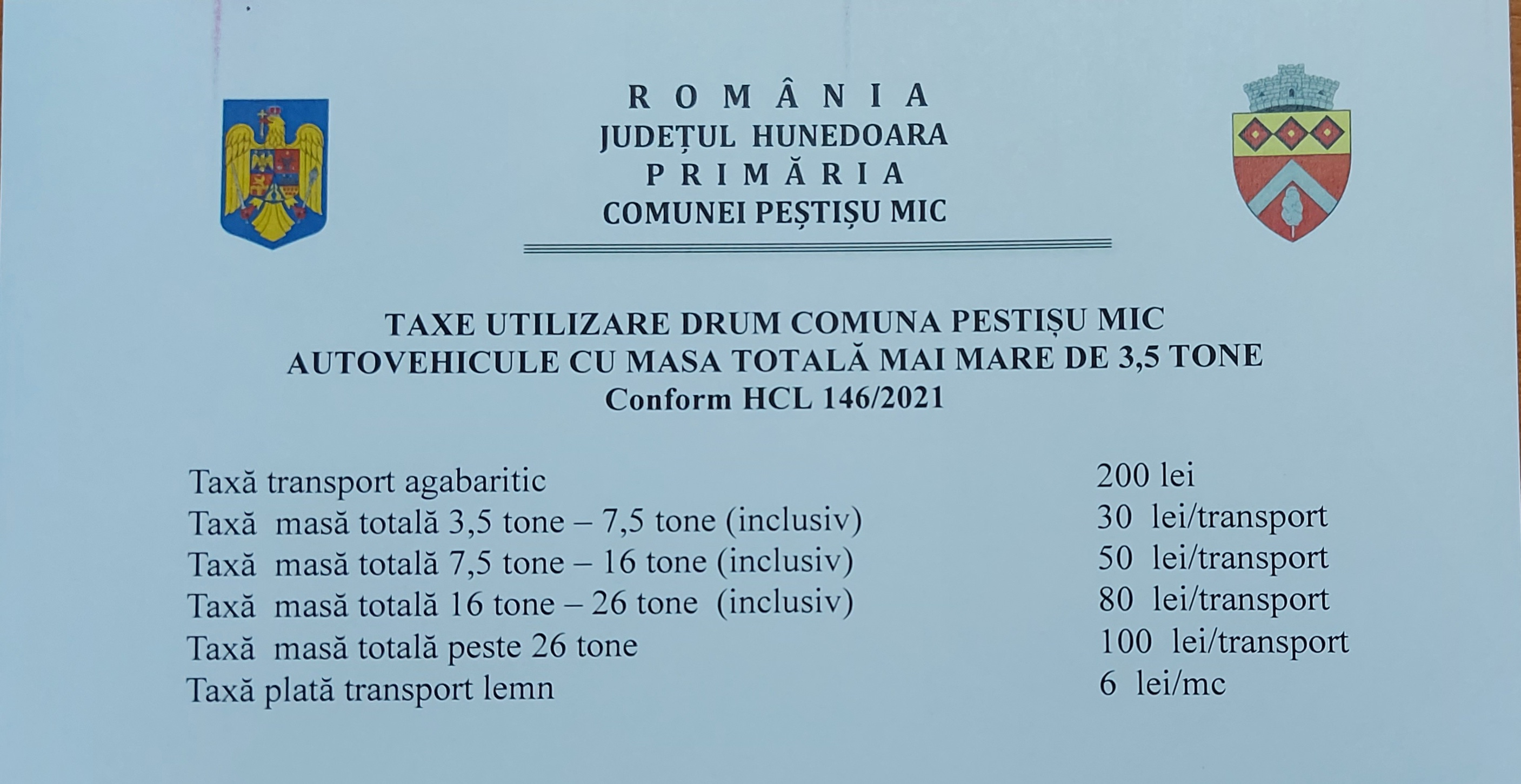 Taxe utilizare drum pe raza comunei Pestisu Mic pentru autovehicule cu masa totala mai mare de 35 tone